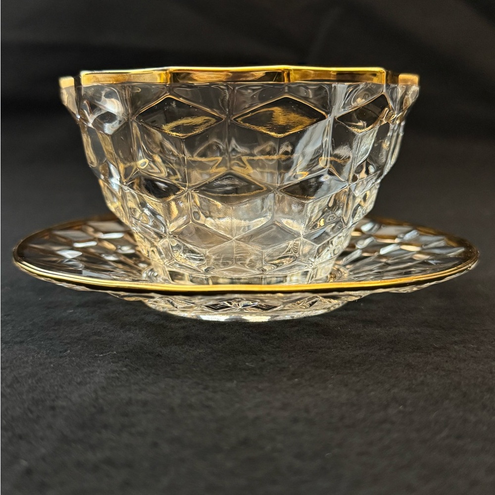 Vintage Jeanette Glass Gold Rimmed Bowl and Saucer Set
